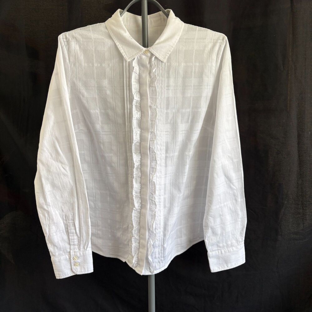 White Cotton Ruffle Front Blouse Tonal Plaid Windowpane Button Down Shirt